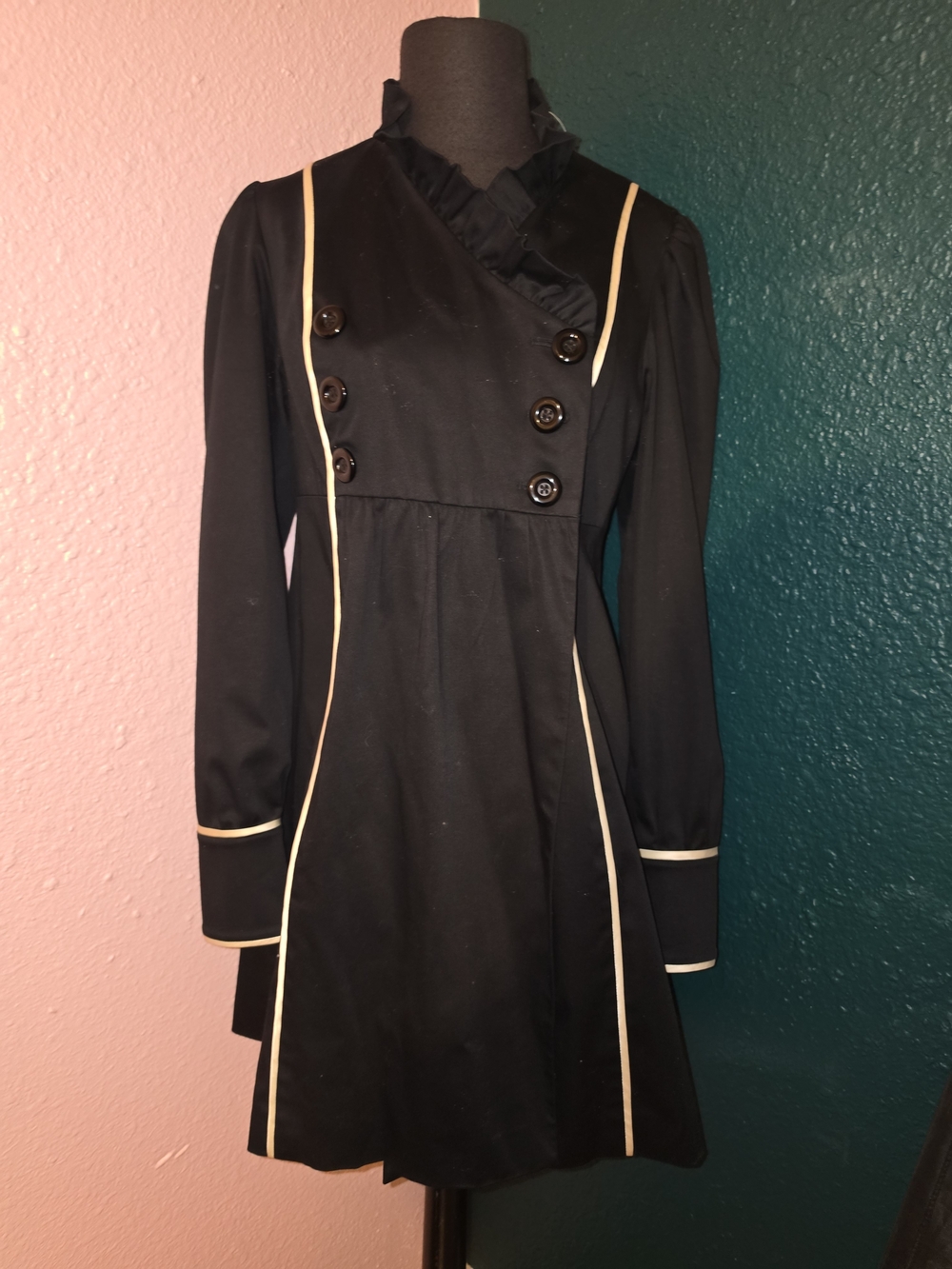 Betsey Johnson Black Satin Dress with Ruffle Neck